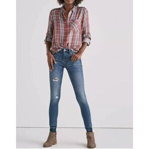 Lucky Brand Top Womens Medium Red Gray Plaid Button Up Long Sleeve Boho Comfy